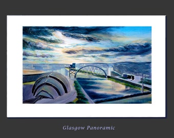 Glasgow Print, City Art, Skyline, Scotland landmarks Finnieston Crane, Squinty Bridge - Arc Bridge, SSE Hydro, Industrial Wall Art, etsy uk