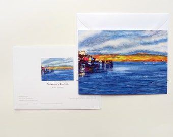 TOBERMORY EVENING card with envelope - A7 Mull seascape blank card - Scottish landscape terracotta and blue colour card - BALAMORY