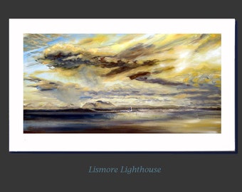 Lighthouse Scottish landscape giclee print, Gift for Husband, Canvas Art, Lismore Lighthouse, Mull Art, Gen Z yellow colour, violet colour