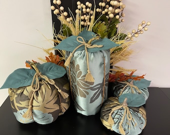 Handmade Fabric Pumpkins-Lt. Brown, Aqua-Teal, Gold Beige,Aqua Leaves.