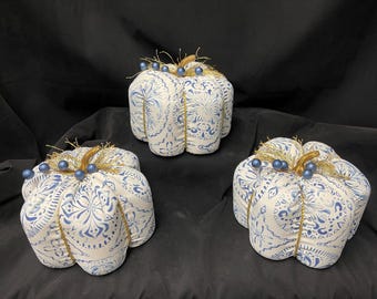 Handmade Fabric Pumpkins-Shades of Blue on Ivory Background