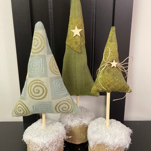 Set of Fabric Christmas Tree-Handmade- Modern Farmhouse Inspired in Linen, Ribbons, Stars, Snow