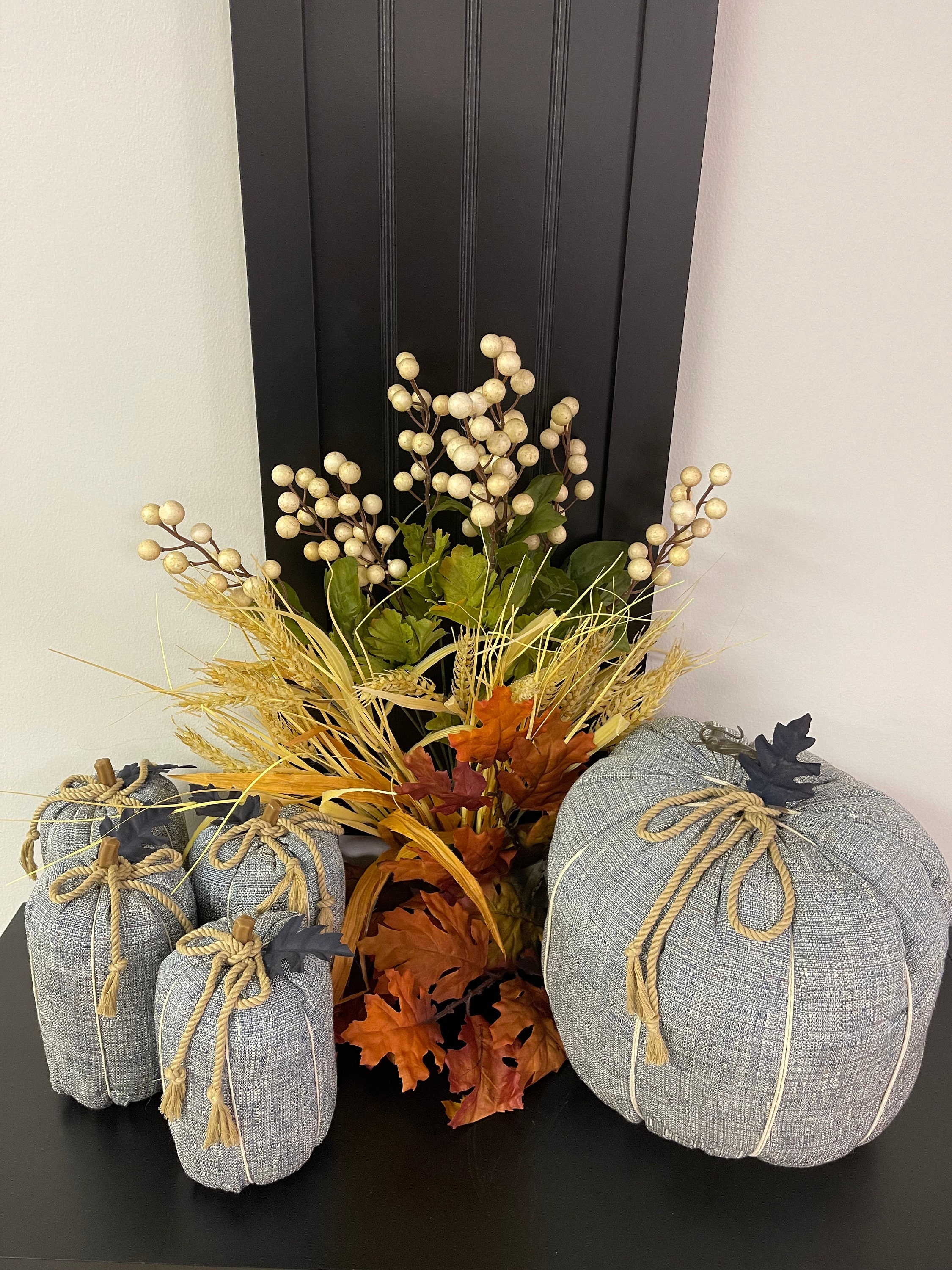 Handmade Fabric Pumpkins-Blue Linen Look with Roping, Navy Blue Leaves.