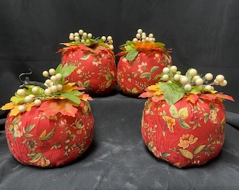 Handmade Fabric Pumpkins-Deep rust red floral on a damask background.
