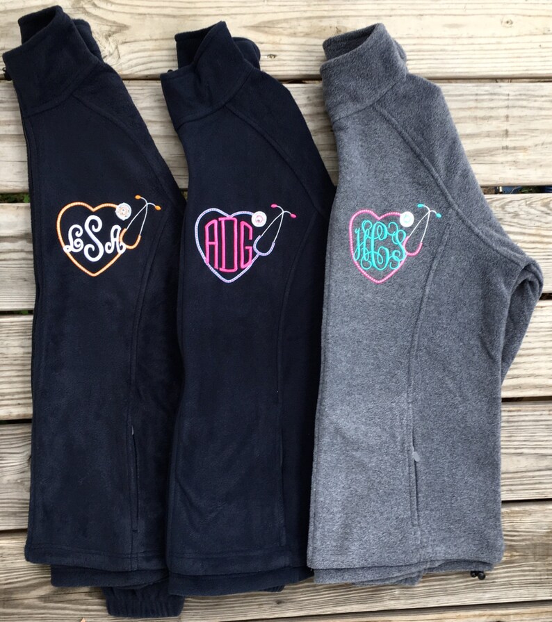 Fleece Monogrammed stethoscope full zip woman adult girl south l pullover jacket southern school work business nurse labor and delivery image 5