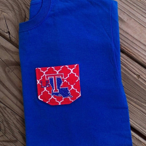 Louisiana Tech Pocket Tshirt womans monogram youth girls baby toddler la tech bulldogs blue and red