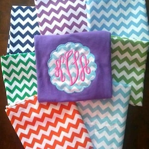 Personalized Scalloped Frame Embroidery Design Girls Shirt or Bodysuit – Chevron Fabric image 1