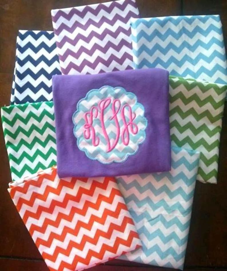 Personalized Scalloped Frame Embroidery Design Girls Shirt or Bodysuit – Chevron Fabric image 1