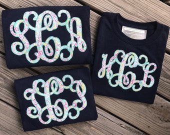Large Monogram applique monogram vine font Tshirt woman's monogrammed youth girls baby toddler shirt cotton southern gift initials fabric co