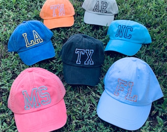 Custom States hat Letter Woman Girls Ball cap vintage washed Monogrammed hats youth turquoise purple yellow Big Little LA TX FL