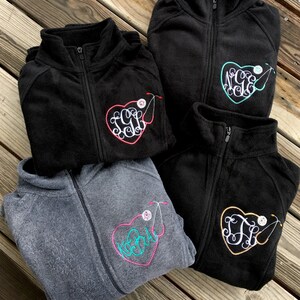 Fleece Monogrammed stethoscope full zip woman adult girl south l pullover jacket southern school work business nurse labor and delivery image 4