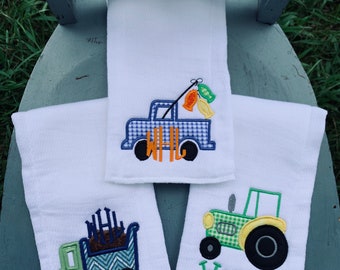 THREE Burp Cloths personalized boy girl southern baby gift set spit up rag monogram name initials bright color Chevron truck tractor plane