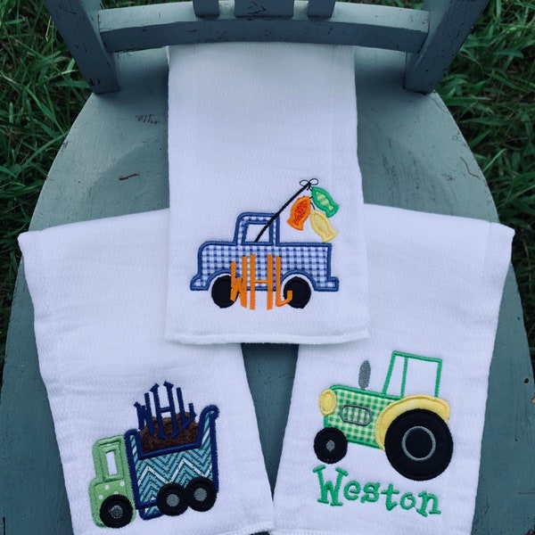 THREE Burp Cloths personalized boy girl southern baby gift set spit up rag monogram name initials bright color Chevron truck tractor plane