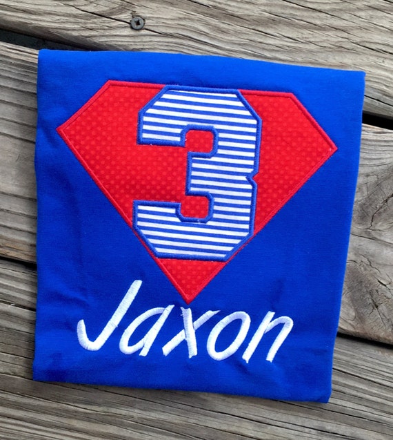 Custom Super hero birthday shirt boy girl personalized southern monogram applique design large any age name blue red yellow superman