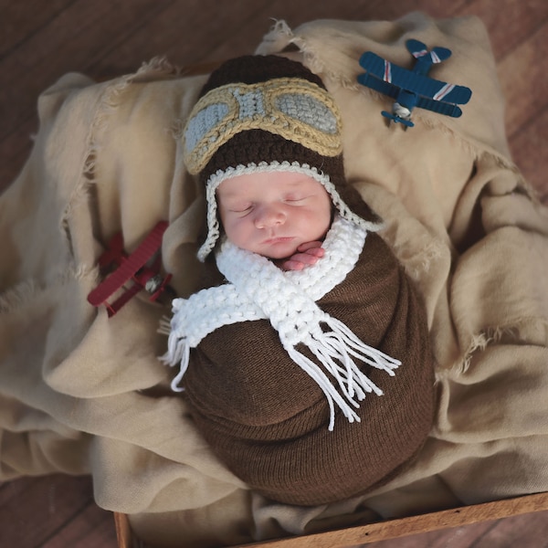 Pilot Hat and Scarf, Pilot Hat, Baby Pilot, Bomber Hat, Baby Aviator Set, Hat with Goggles, Newborn Photography Prop, Crochet Aviator Hat