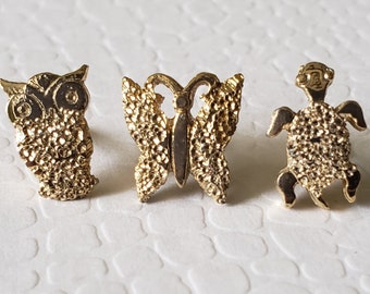 Vintage Owl, Butterfly & Turtle Lapel Pins! LOT Of 3! Ballou Reg'd Gold Plated! Pinbacks, Pins, Collectible Gift For Her