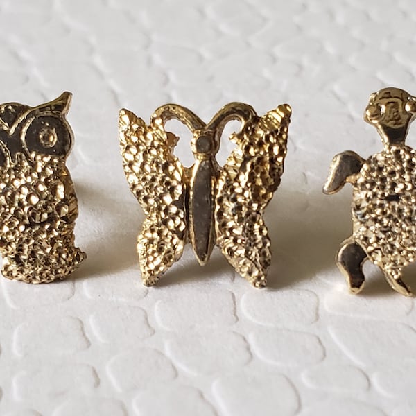 Vintage Owl, Butterfly & Turtle Lapel Pins! LOT Of 3! Ballou Reg'd Gold Plated! Pinbacks, Pins, Collectible Gift For Her