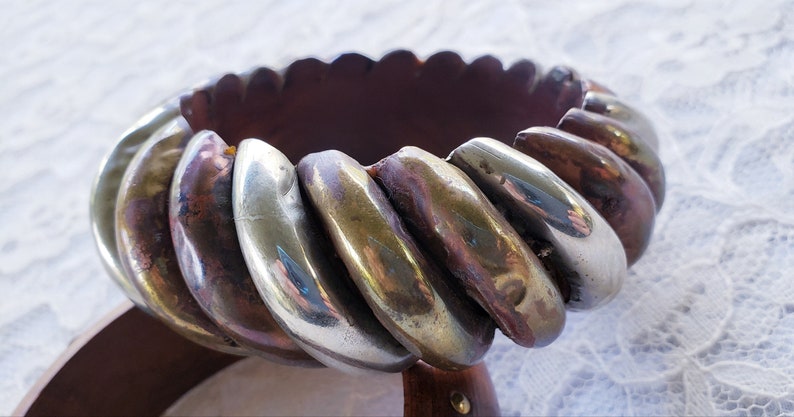 Vintage Wooden BANGLE Bracelet LOT of 3 Island Flowers Tri Metal Wrapped Hand Painted Flowers Silver Brass Bronze Teak with Copper Studs