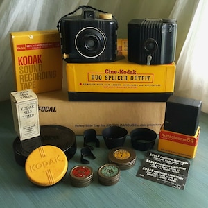 Eastman Kodak Camera & Accessory LOT 98 Pieces! Bakelite Baby Brownies, Filters, Lens, Hoods, Carousel Slides Self Timer, Duo Splicer, Film!
