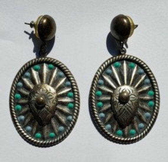 Vintage Concho Earrings, Southwest Pierced, Silve… - image 2