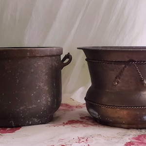 Two Vintage Planters, Solid Brass, Enesco Hammered, Rope Tassel Trim Pot, & Double Ear Handles Pot, Indoor or Outdoor, Cache, Flower Garden