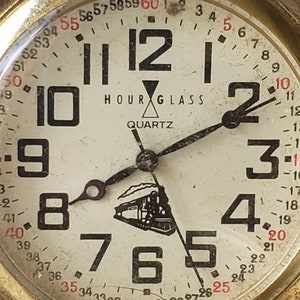 Vintage Train Locomotive Eagle Pocket Watch for Repair, Needs Chain and Top Gold Tone Hourglass Quartz Stop Watch Seconds Hand and Numerals