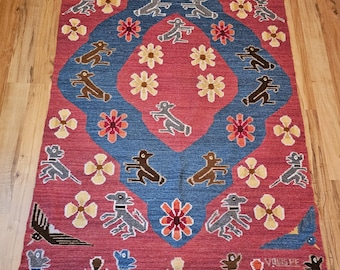 Signed Peru Andean Rug, Red 72x44" Artisan Handmade by V. Quispe in Cusco Jungle, Soft Alpaca Wool, Monkeys, Eagles & Foxes, Tribal Peruvian