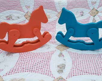 Vintage Hand Made Rocking Horse(s) Set of 2! Wooden FRESHLY PAINTED! Turquoise & Coral Child's Room Play Room Decor Bedroom Horse Equine