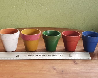 Set of 7 Hand Painted Terra Cotta Pots, Flower Planters, Clay Garden Pots, 2 1/2" and  2 3/4" with drainage! Solid blue, red, yellow, green