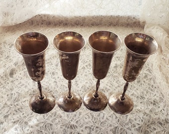 Vintage International Silverplate India GOBLET CHALICE WINE Glass Set Of 4! Champagne Flutes, Cups Spiritual Ceremony Pieces, Copper Bases!