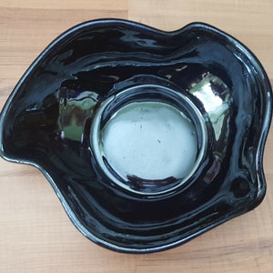 Vintage FREE FORM Console Bowl Glazed Art Pottery Black Glossy Wet Glazed Mid Century Coffee Table Dish Modernist