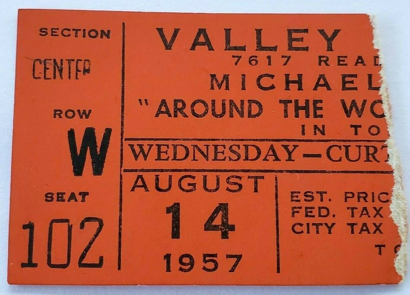 Around the World in 80 Days 1957 Movie Ticket Stub! From Valley