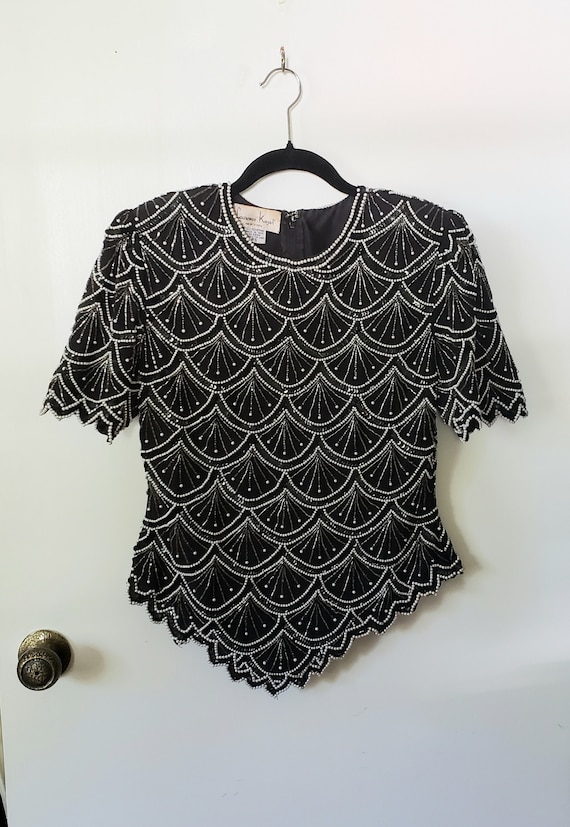 Vintage Lawrence Kazar Top, Black with White Pearl