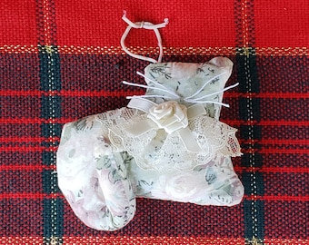 Handmade Chintz Cat Ornament! Primitive Christmas Puffy Stuffed Kitty Pet Decor Accent! Shabby Chic With Lace Collar, Bow and Satin Rose!