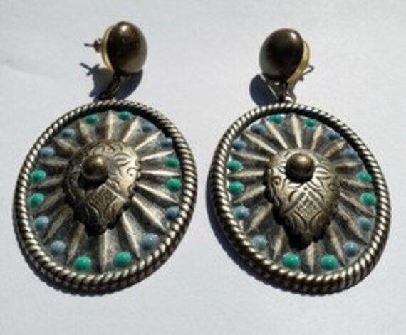 Vintage Concho Earrings, Southwest Pierced, Silve… - image 1