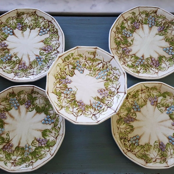 SALE! Antique MAJOLICA Cake Set Shabby Chic Set of 5! Vintage Cake Stand with 4 Plates Dessert Art Pottery Sculptured Grape Leaf Nature