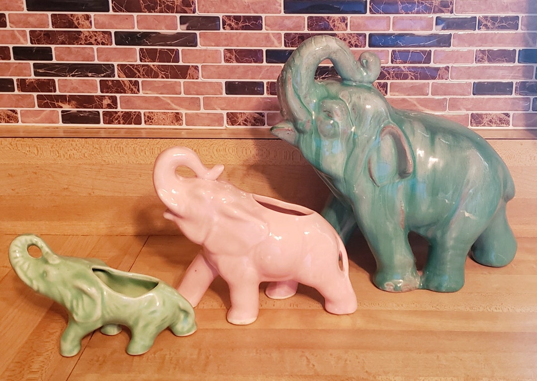 Vintage Ceramic Elephant Art Pottery, Lot of 3 Planters, Figurines, Vases, Drip Glaze, Trunks Up