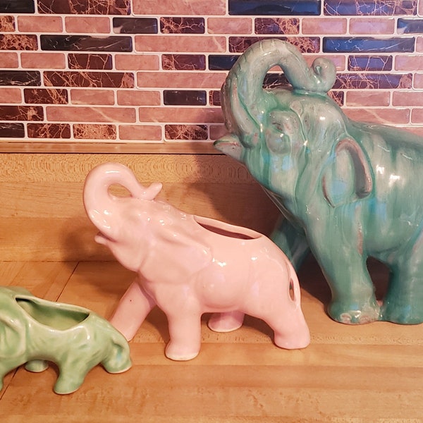 Vintage Ceramic Elephant Art Pottery, Lot of 3 Planters, Figurines, Vases, Drip Glaze, Trunks Up!, Retro Kitsch, Instant Collection!