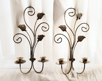 Mid Century Wall Sconces, Candle Holders, Gilt Wrought Metal, Hollywood Regency