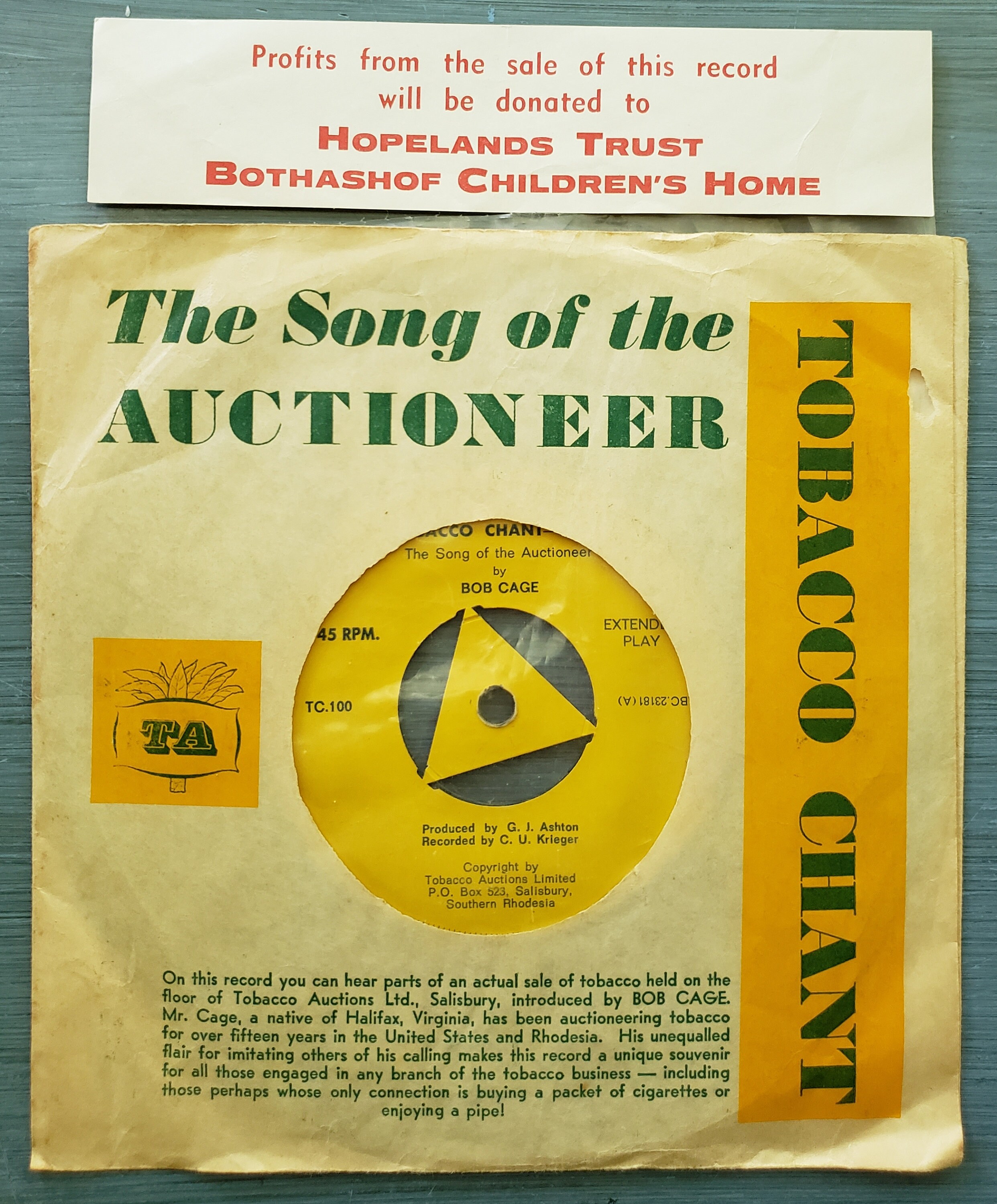 tobacco auctioneer chant Bob Cage Tobacco Chant Vintage 45RPM Record 7