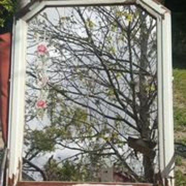 LOCAL PICKUP ONLY! Antique Wavy Glass Mirror! Shabby Chic Bathroom 1900's Hand Painted w Floral Roses! 27" x 20" Cottage Chippy White Paint!