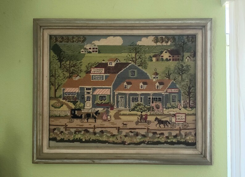 Vintage Needlepoint FLOWER COTTAGE Charles Wysocki Framed Etsy