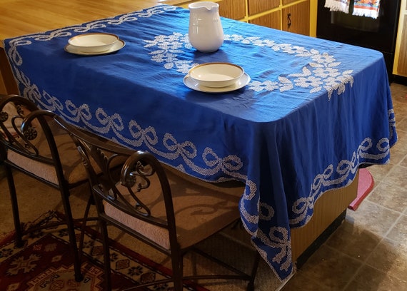 Vintage Embroidered Tablecloth, Lapis Blue Linen, Bullion Cross Stich, 74x60 Rectangular, Cobalt & White, Handmade, Hand Sewn