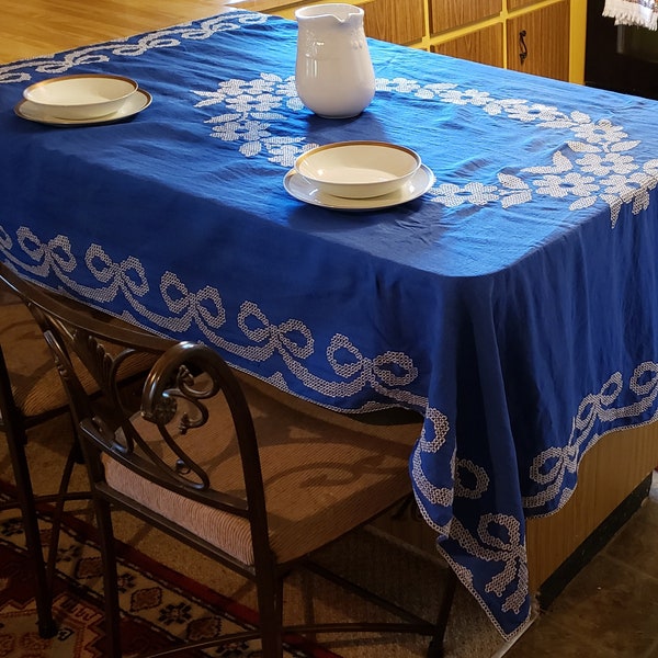 Vintage Embroidered Tablecloth, Lapis Blue Linen, Bullion Cross Stich, 74x60 Rectangular, Cobalt & White, Handmade, Hand Sewn