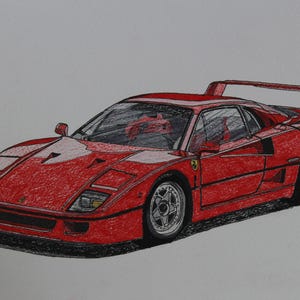 フェラーリ F40 図面、A4 サイズの手描きオリジナル図面 (印刷物ではありません)