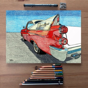 1958 Dodge Coronet drawing, tail fin, original A4 size hand-drawn drawing art (not a print)