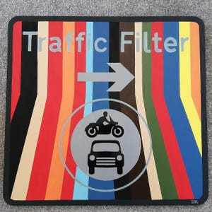 Upcycled genuine "Traffic Filter" road sign, re-imagined in a colourful stripe design