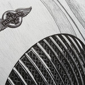 Voiture à moteur Morgan, voiture de sport Morgan, Morgan Plus 4, Morgan Plus 8, Morgan Roadster, +8, +4, dessin original dessiné à la main au format A4 (pas une impression)