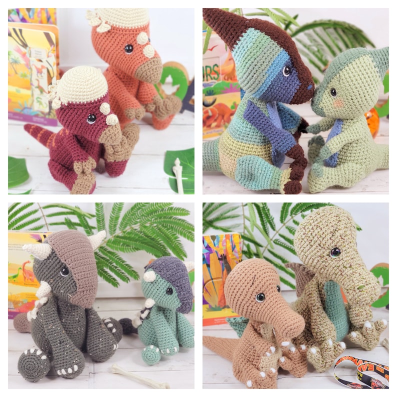 Pu&ograve; includere: Quattro coppie di giocattoli di dinosauro all'uncinetto. Ogni coppia presenta un dinosauro pi&ugrave; grande e un piccolo dinosauro bambino. I dinosauri sono di vari colori, tra cui verde, blu, marrone e arancione.