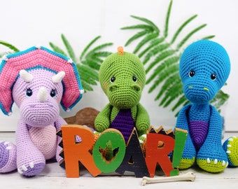 dinosaur crochet pattern, crochet dinosaur, t-rex crochet pattern, brontosaurus crochet pattern, triceratops crochet pattern